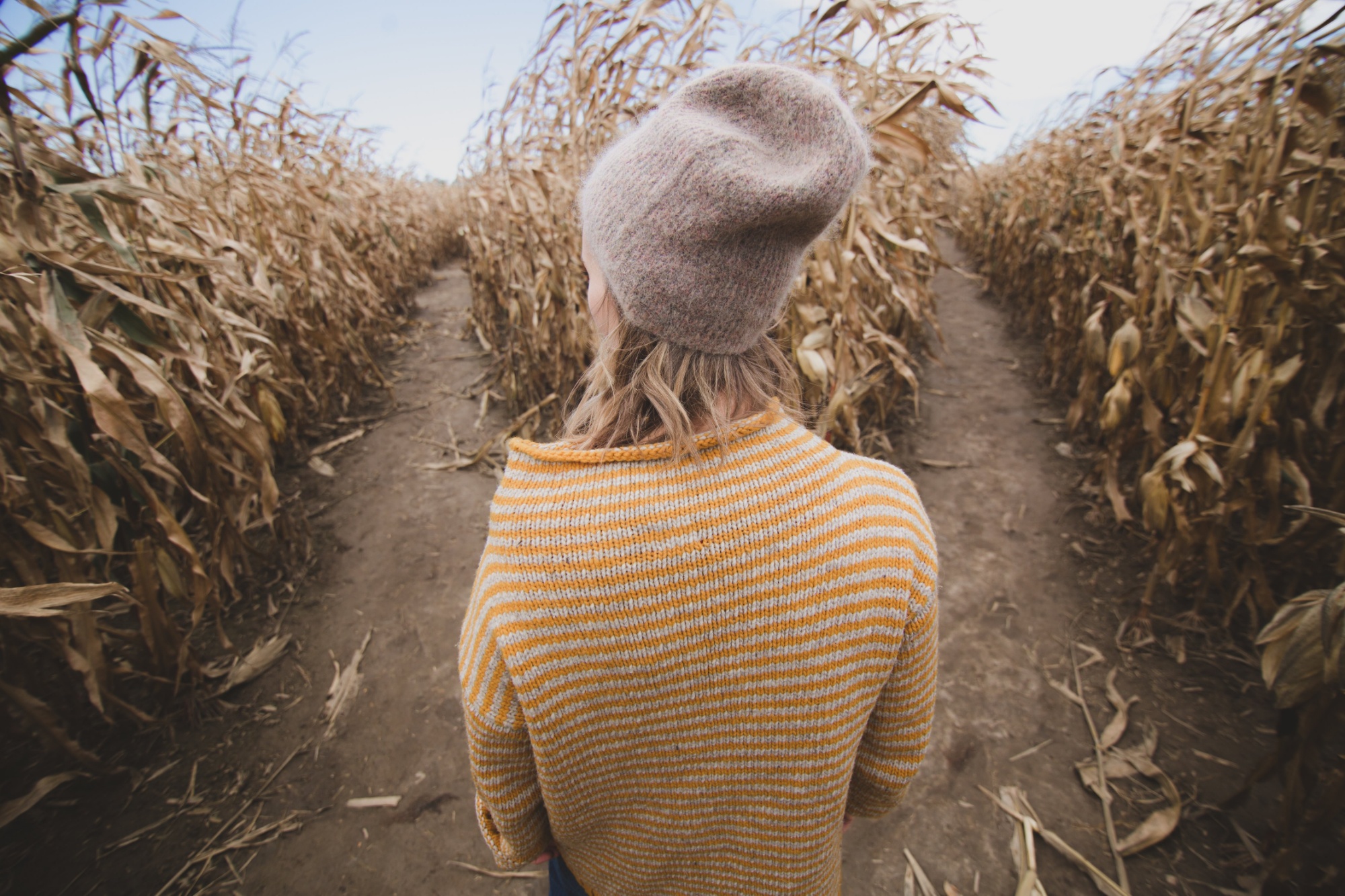 A young woman stands at beginning of two paths through a cornfield.